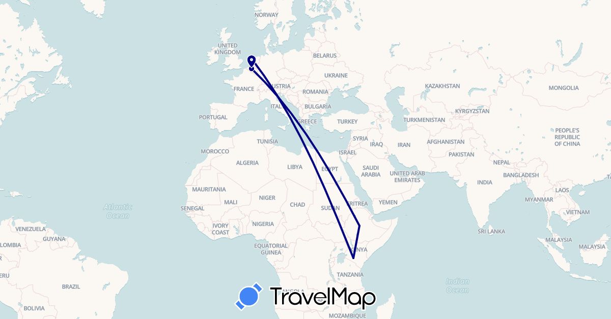TravelMap itinerary: driving in Belgium, Ethiopia, Kenya, Netherlands (Africa, Europe)